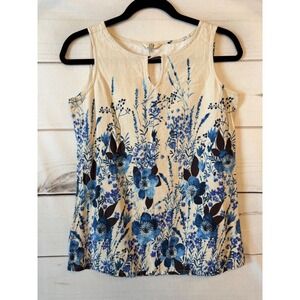 AND Women Blue Floral Botanical Linen Blend Keyhole Sleeveless Tank Top Size 12